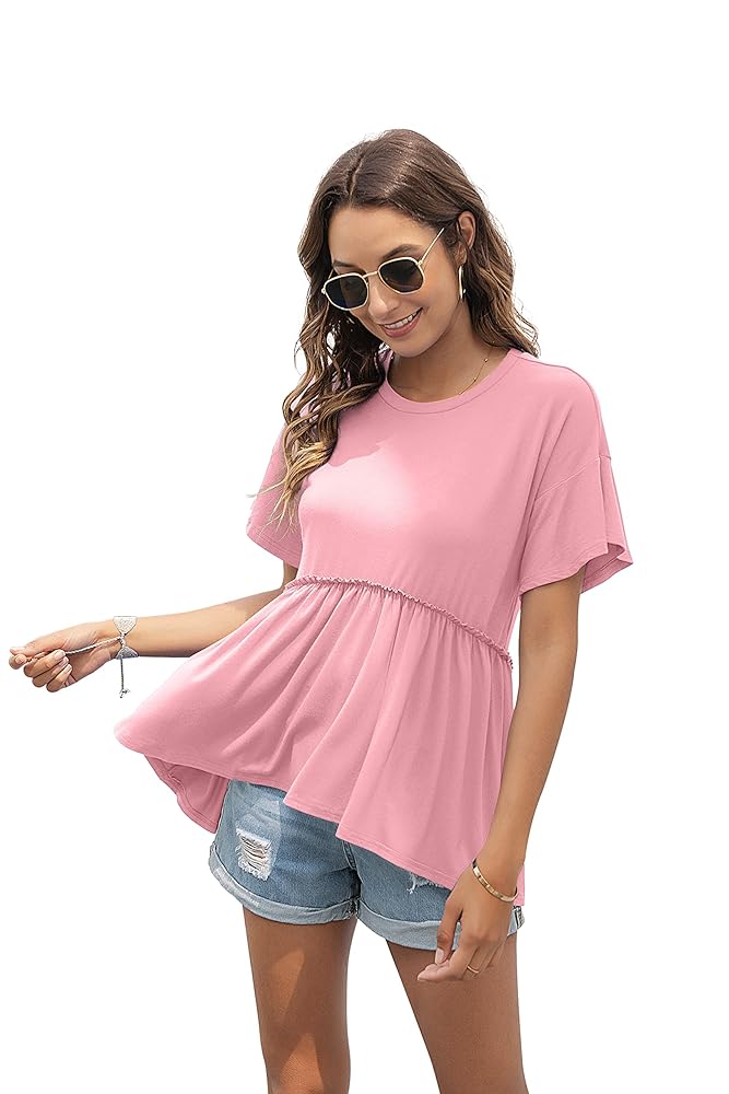 TASAMO Women Short Sleeve Ruffle Flare Swing Shirt Peplum